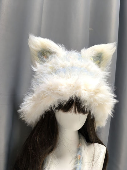 Blauer und weißer Fuchs-Kapuzenpullover mit abnehmbaren Ohren, gehäkelte Fuchsmütze, Kawaii Kapuzenmütze