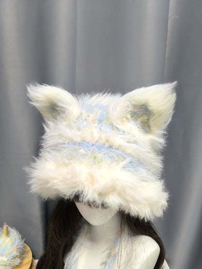 Blauer und weißer Fuchs-Kapuzenpullover mit abnehmbaren Ohren, gehäkelte Fuchsmütze, Kawaii Kapuzenmütze
