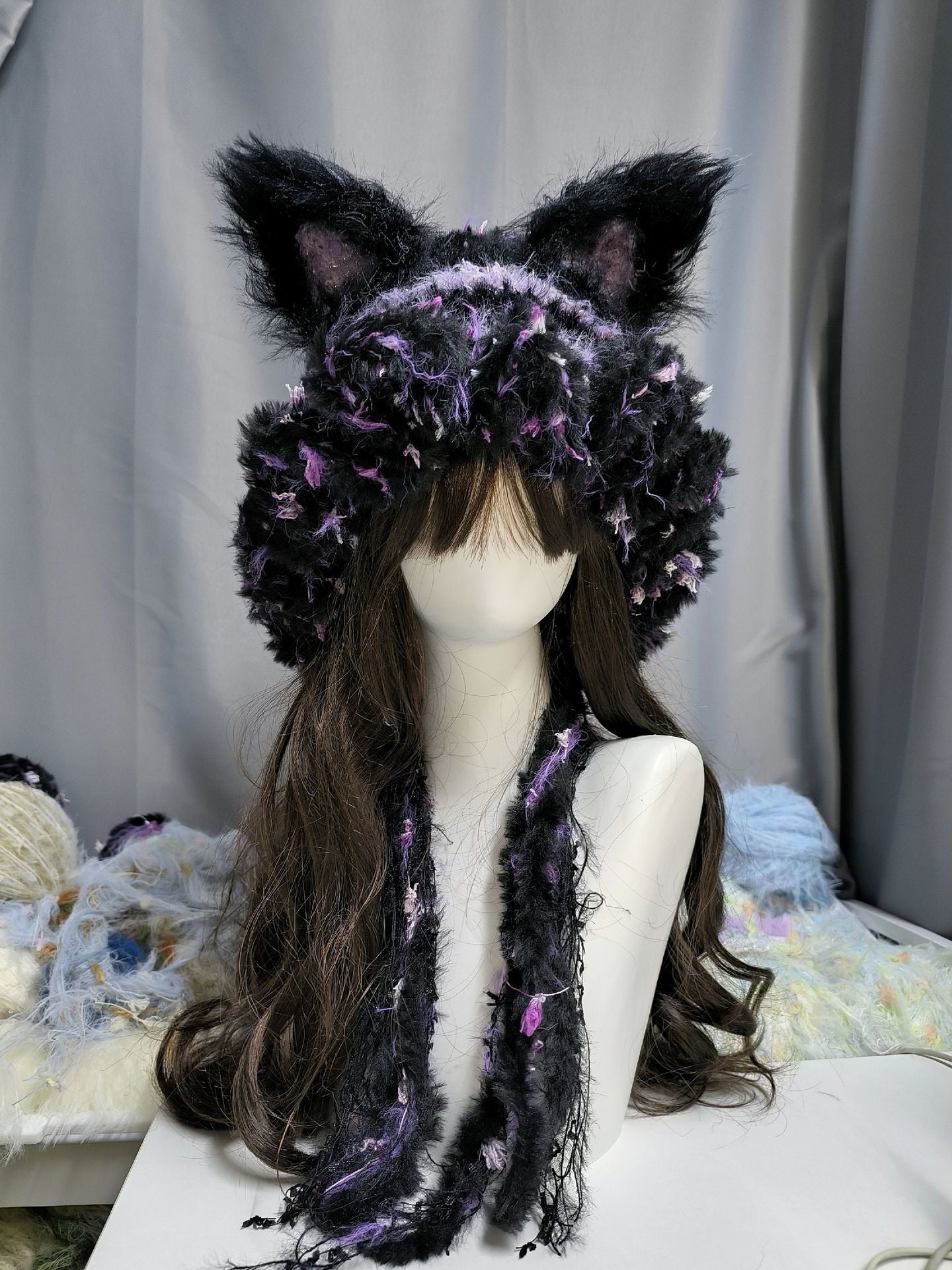 Black Purple Fox Hood with Detachable Ears, Gothic Crochet Fox Hat
