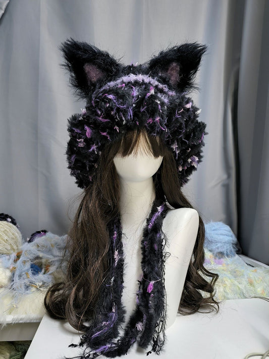 Black Purple Fox Hood with Detachable Ears, Gothic Crochet Fox Hat