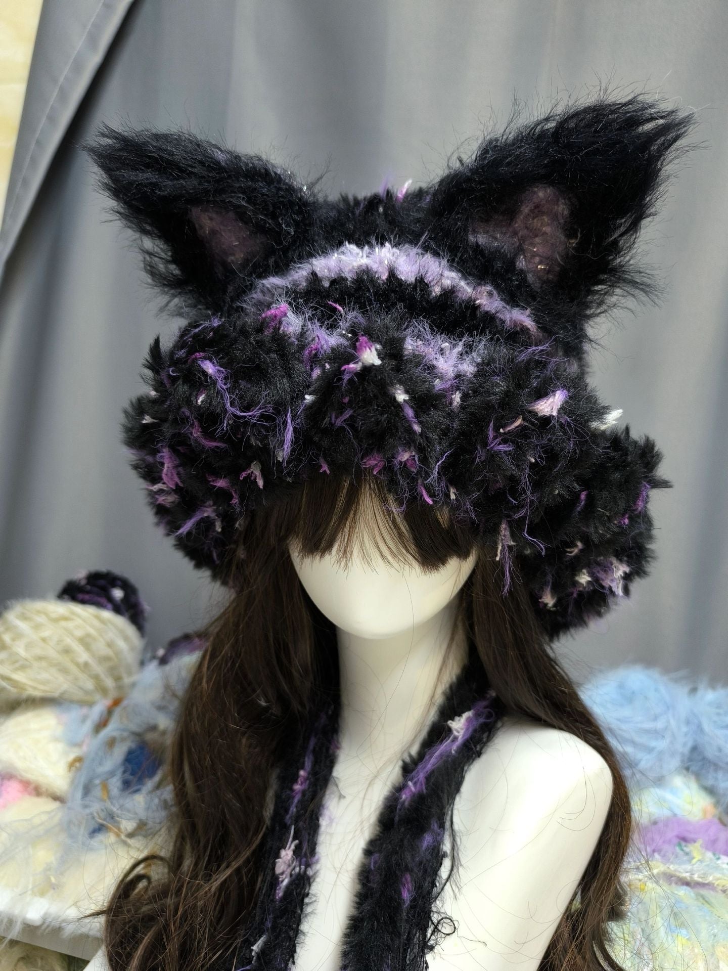 Black Purple Fox Hood with Detachable Ears, Gothic Crochet Fox Hat