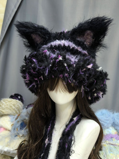 Black Purple Fox Hood with Detachable Ears, Gothic Crochet Fox Hat