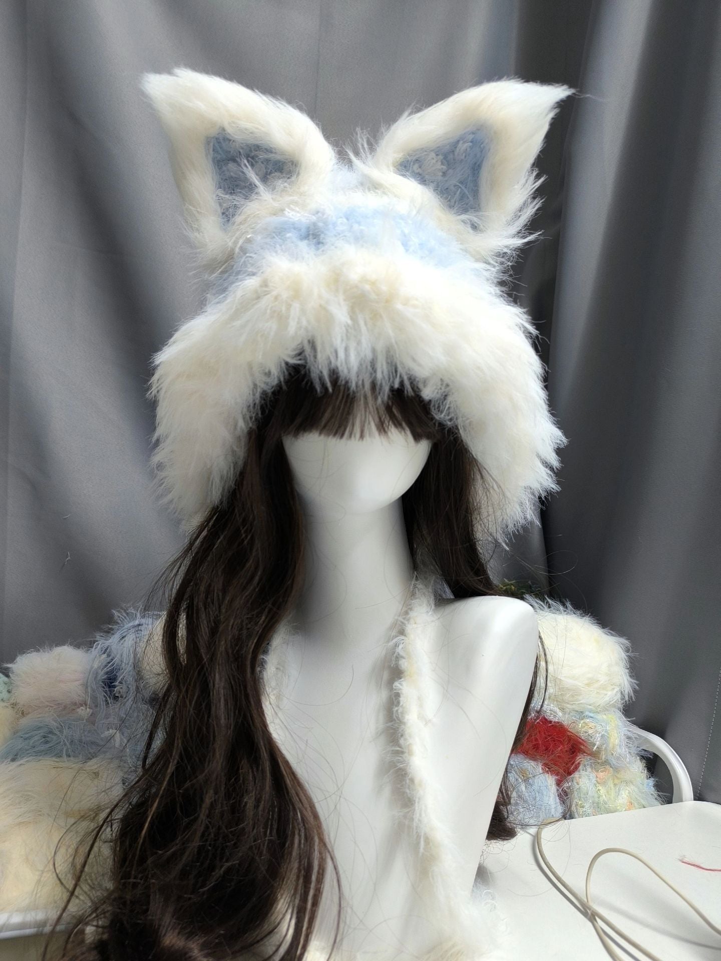 Capuche Renard Nuage Bleu et Blanc, Bonnet Renard au Crochet avec Oreilles Détachables, Capuche Douce et Rêveuse