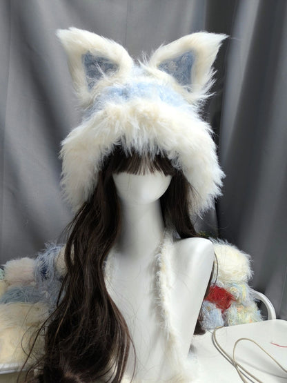 Capuche Renard Nuage Bleu et Blanc, Bonnet Renard au Crochet avec Oreilles Détachables, Capuche Douce et Rêveuse