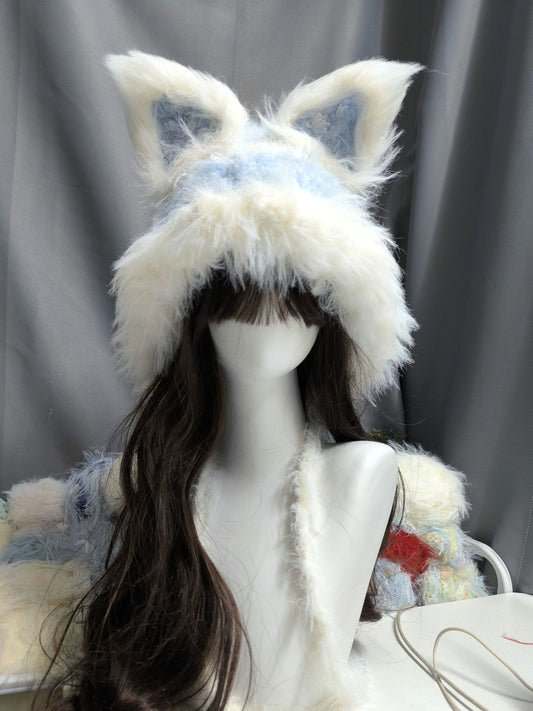 Blue White Cloud Fox Hood, Detachable Ears Crochet Fox Hat, Soft Dreamy Hood