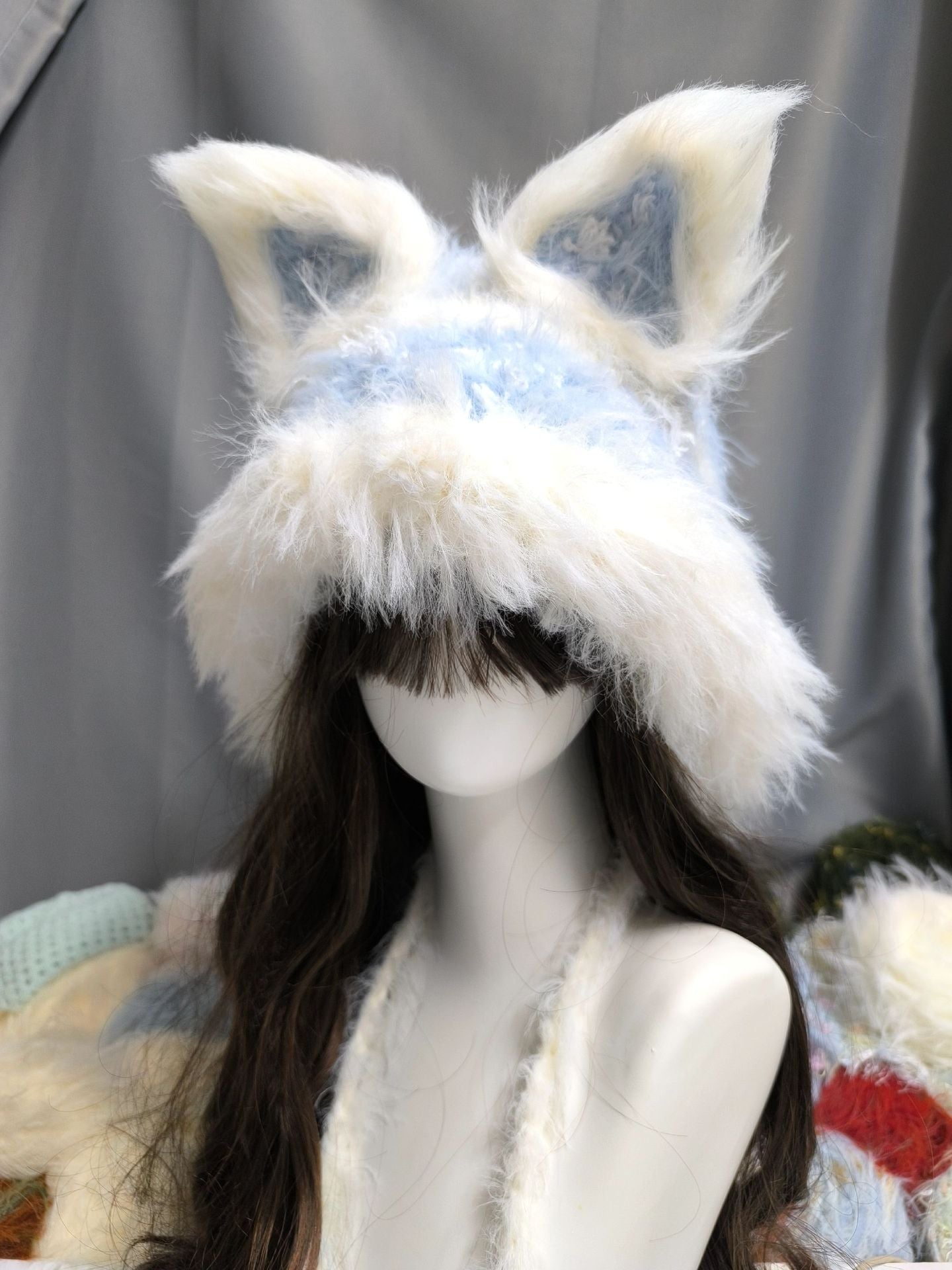 Capuche Renard Nuage Bleu et Blanc, Bonnet Renard au Crochet avec Oreilles Détachables, Capuche Douce et Rêveuse