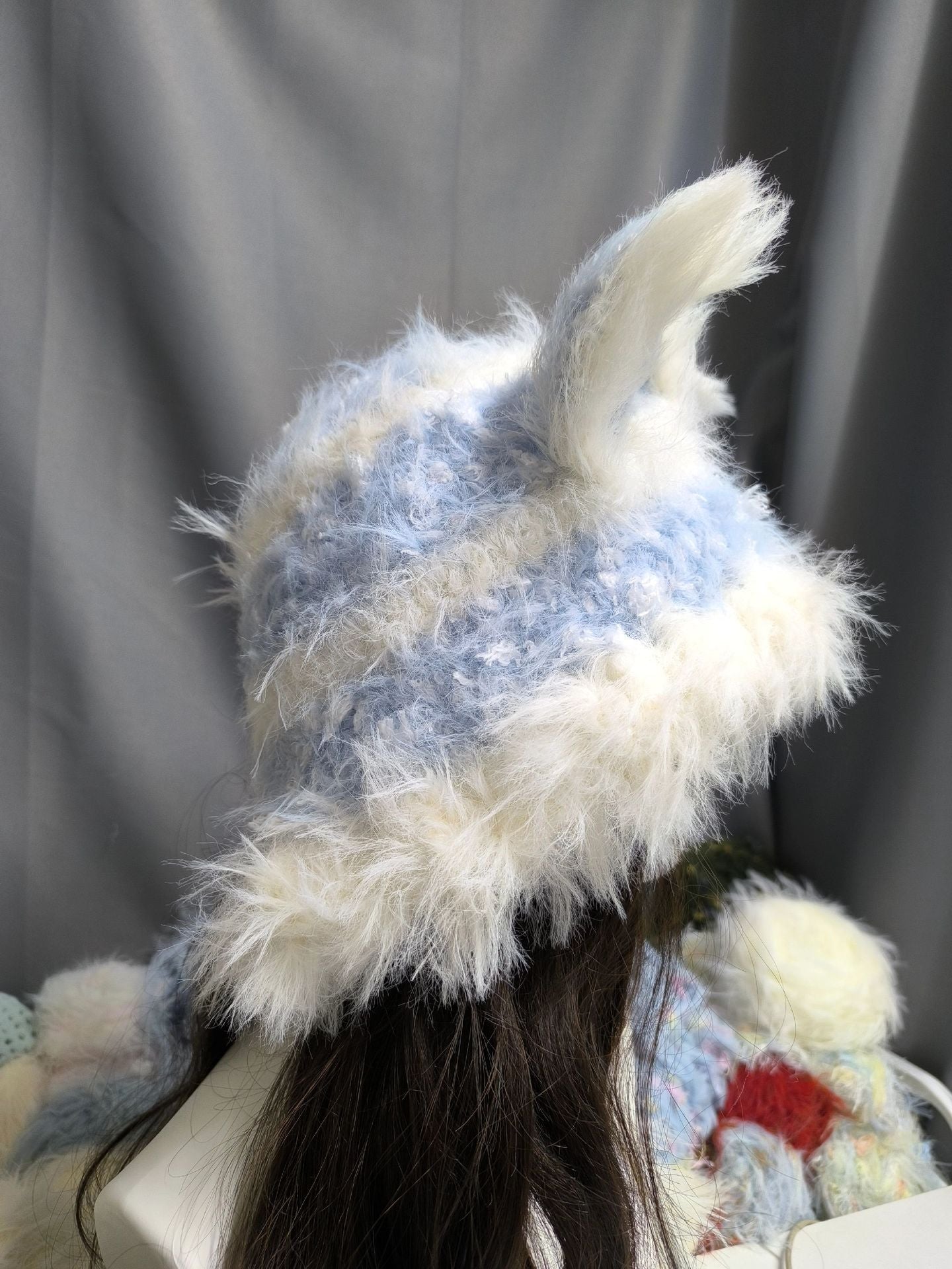 Capuche Renard Nuage Bleu et Blanc, Bonnet Renard au Crochet avec Oreilles Détachables, Capuche Douce et Rêveuse