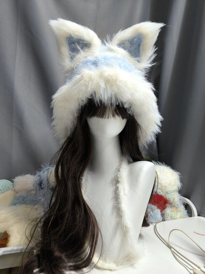 Capuche Renard Nuage Bleu et Blanc, Bonnet Renard au Crochet avec Oreilles Détachables, Capuche Douce et Rêveuse