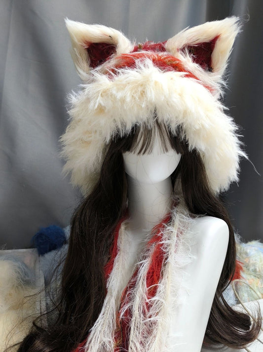 New Year Red Fox Hood with Detachable Ears, Festive Crochet Fox Hat