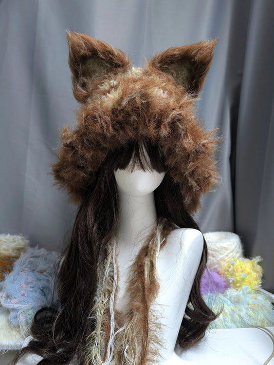 Hazelnut Cocoa Fox Hood with Detachable Ears, Brown Crochet Fox Hooded Hat
