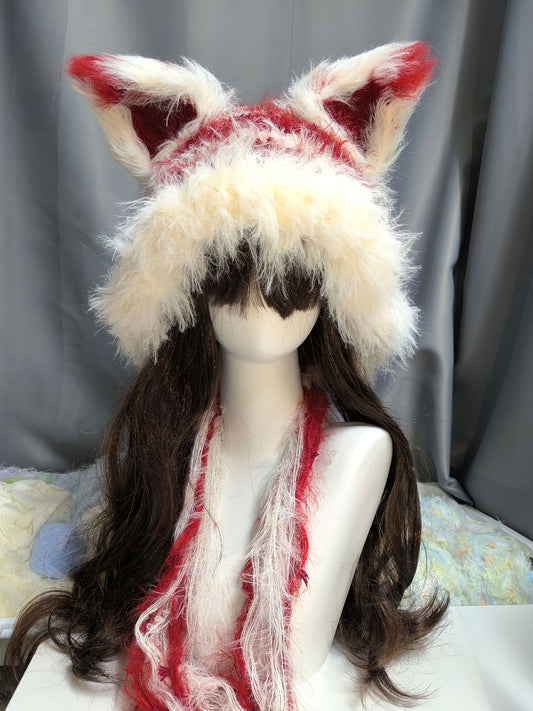 Flame Red Fox Hood with Detachable Ears, Bold Crochet Fox Hooded Hat