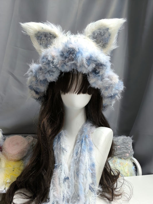 White Blue Gradient Fox Hood, Detachable Ears Crochet Fox Hat, Soft Color Blend