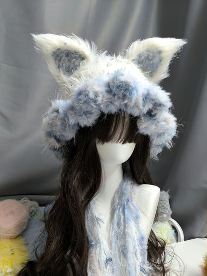 White Blue Gradient Fox Hood, Detachable Ears Crochet Fox Hat, Soft Color Blend
