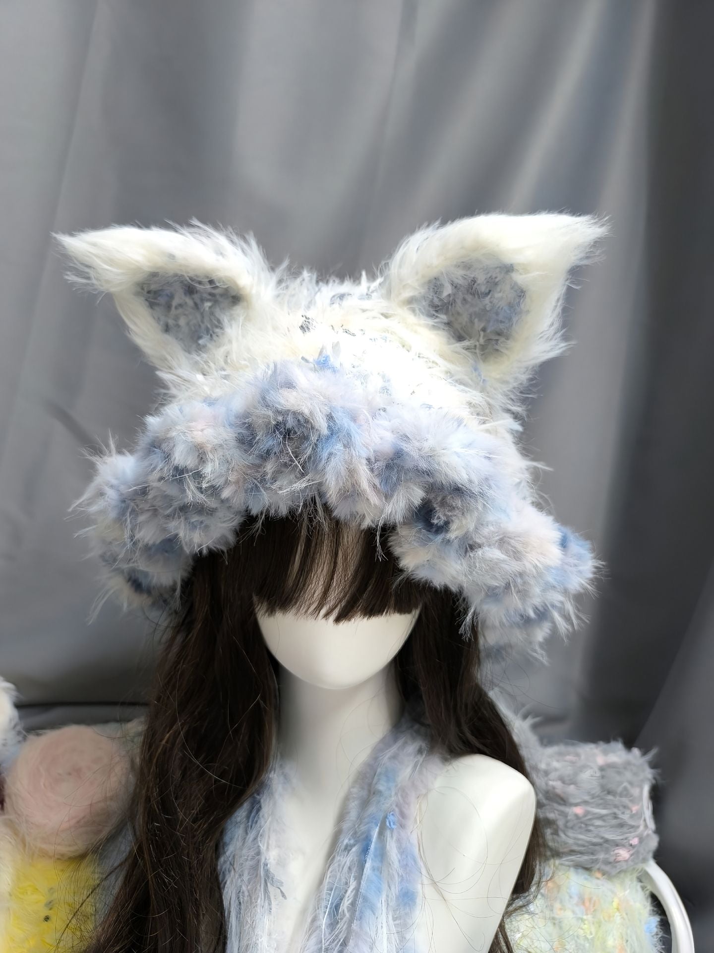 White Blue Gradient Fox Hood, Detachable Ears Crochet Fox Hat, Soft Color Blend