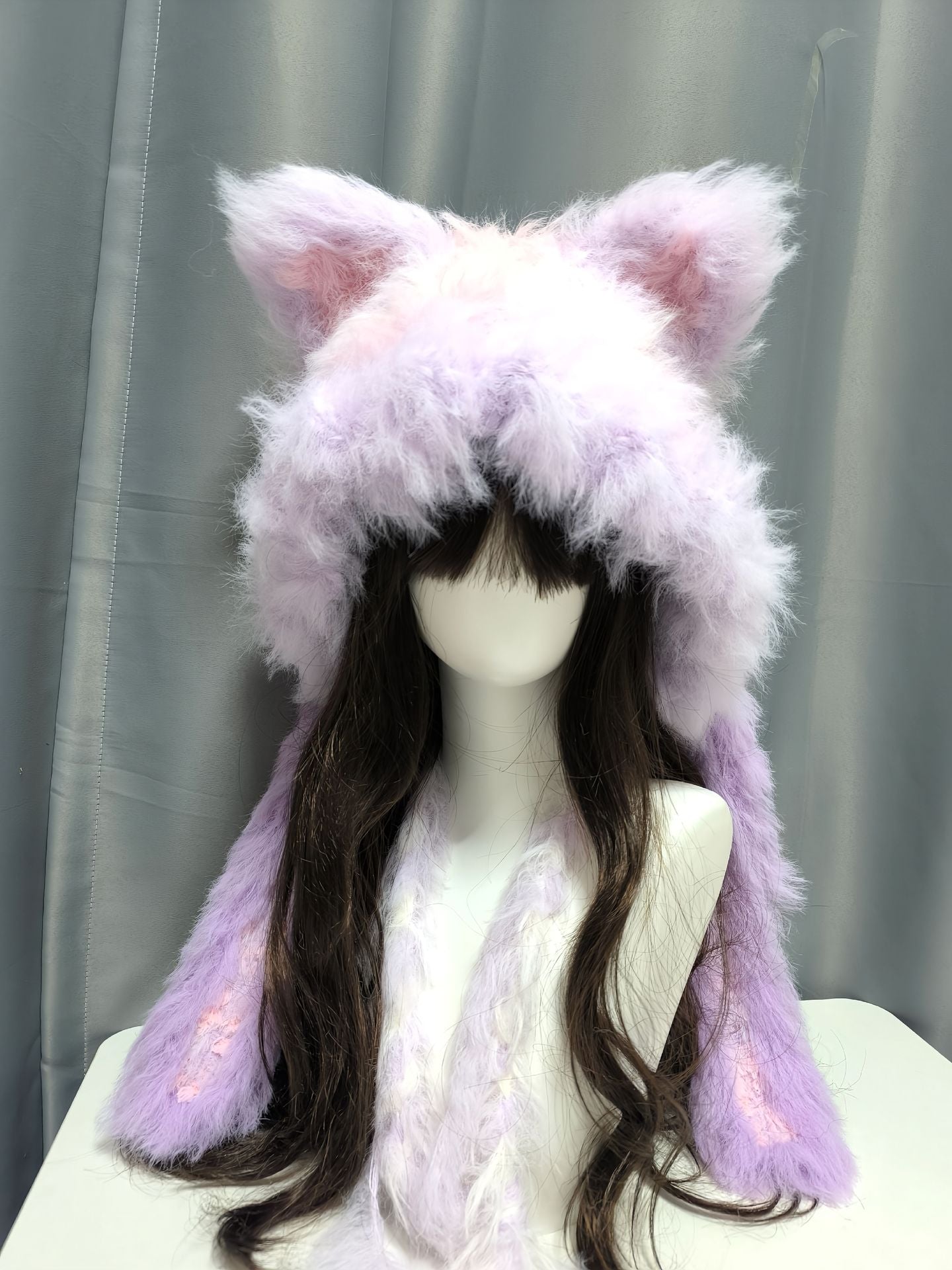 Fuchs Kapuze in Pink, Lila und Weiß mit abnehmbaren Ohren, Pastellfarbene Gehäkelte Fuchsmütze