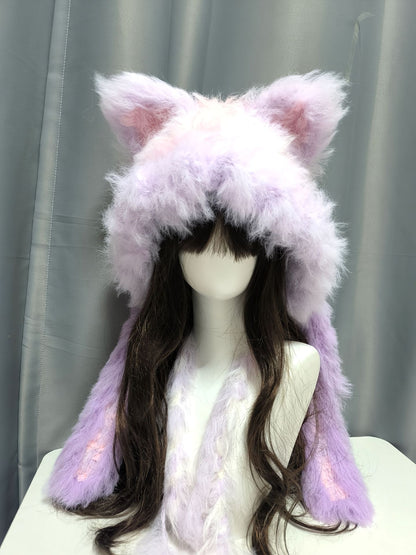 Fuchs Kapuze in Pink, Lila und Weiß mit abnehmbaren Ohren, Pastellfarbene Gehäkelte Fuchsmütze