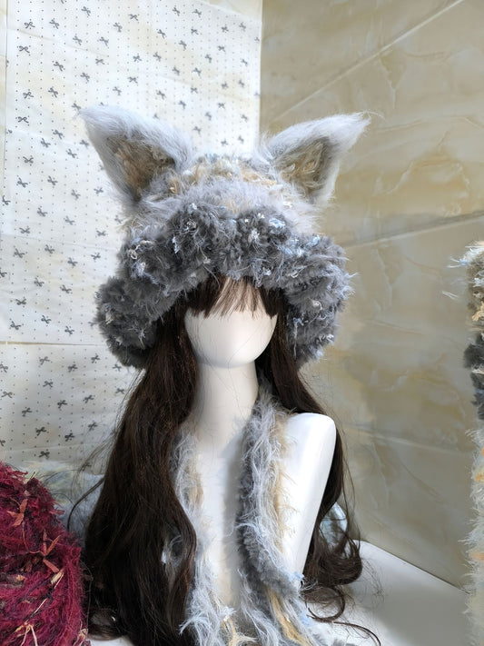Grey Blue Fox Hood with Detachable Ears, Cool Tone Crochet Fox Hooded Hat