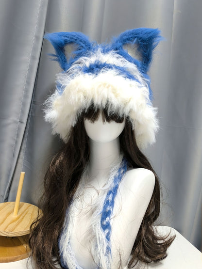 Blau-weiße Fuchshaube mit abnehmbaren Ohren, Häkel-Fuchsmütze, Kawaii Kapuzenmütze