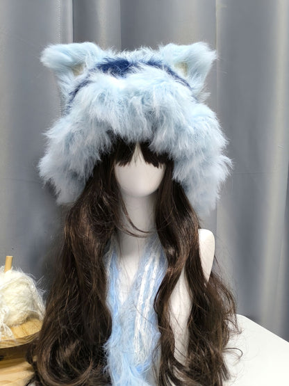Blauer Ton Fuchs Kapuze mit abnehmbaren Ohren, Häkel-Fuchs-Kapuzenmütze