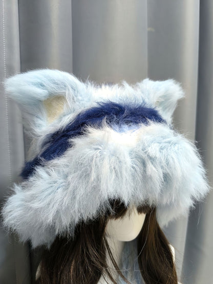 Blauer Ton Fuchs Kapuze mit abnehmbaren Ohren, Häkel-Fuchs-Kapuzenmütze
