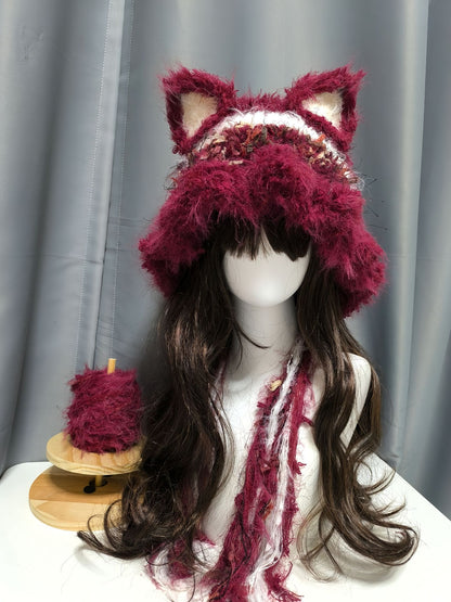 Wine Red Fox Hood with Detachable Ears, Elegant Crochet Fox Hooded Hat