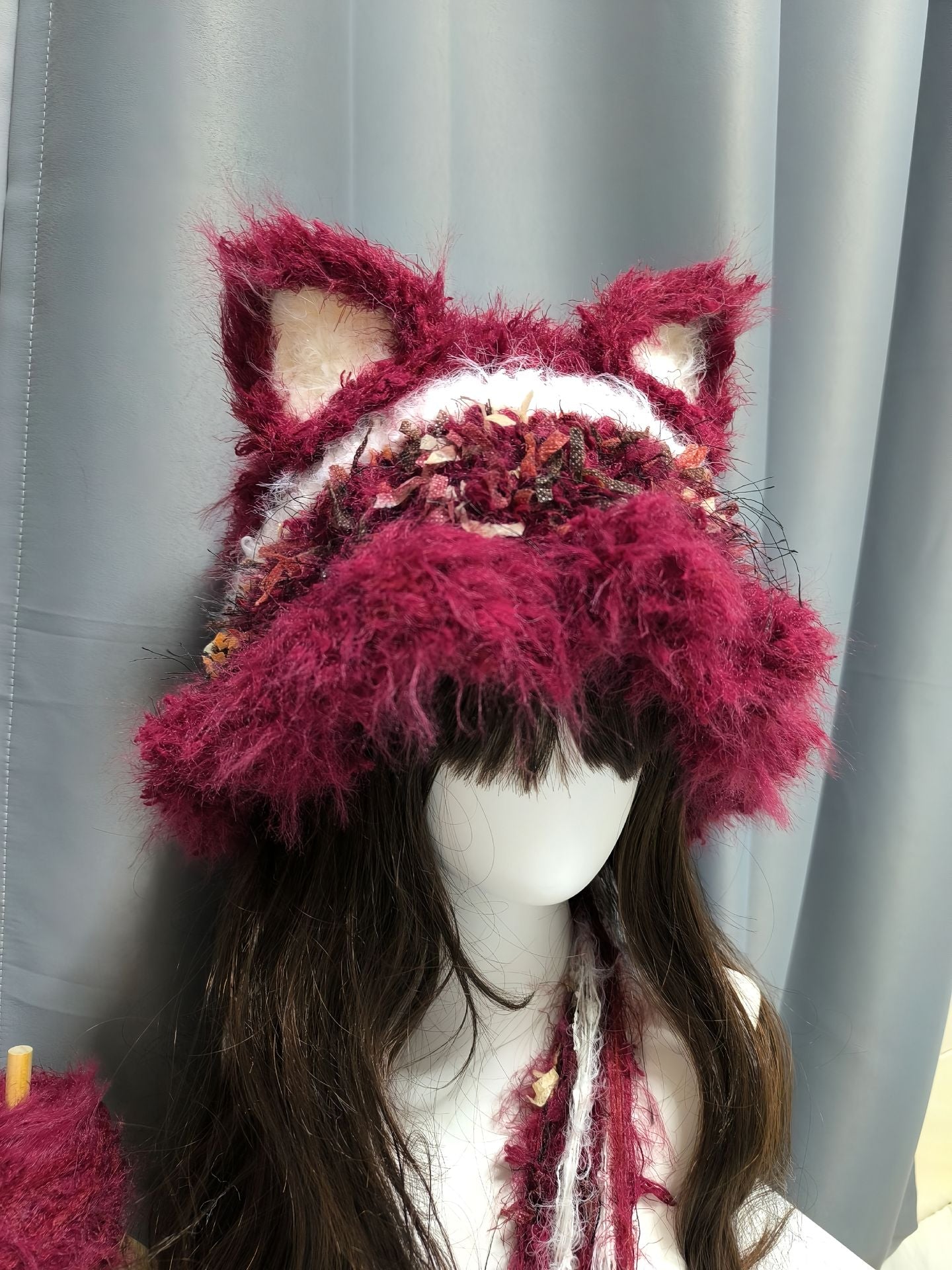 Wine Red Fox Hood with Detachable Ears, Elegant Crochet Fox Hooded Hat