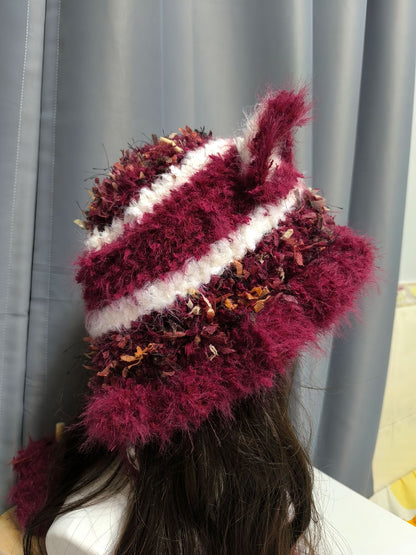 Wine Red Fox Hood with Detachable Ears, Elegant Crochet Fox Hooded Hat