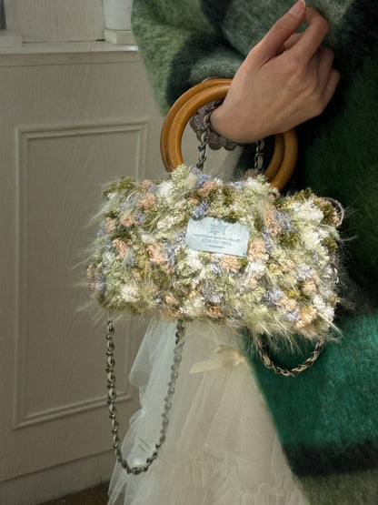 Handmade Fuzzy Crochet Bag with Wooden Handle, Boho Crossbody Purse