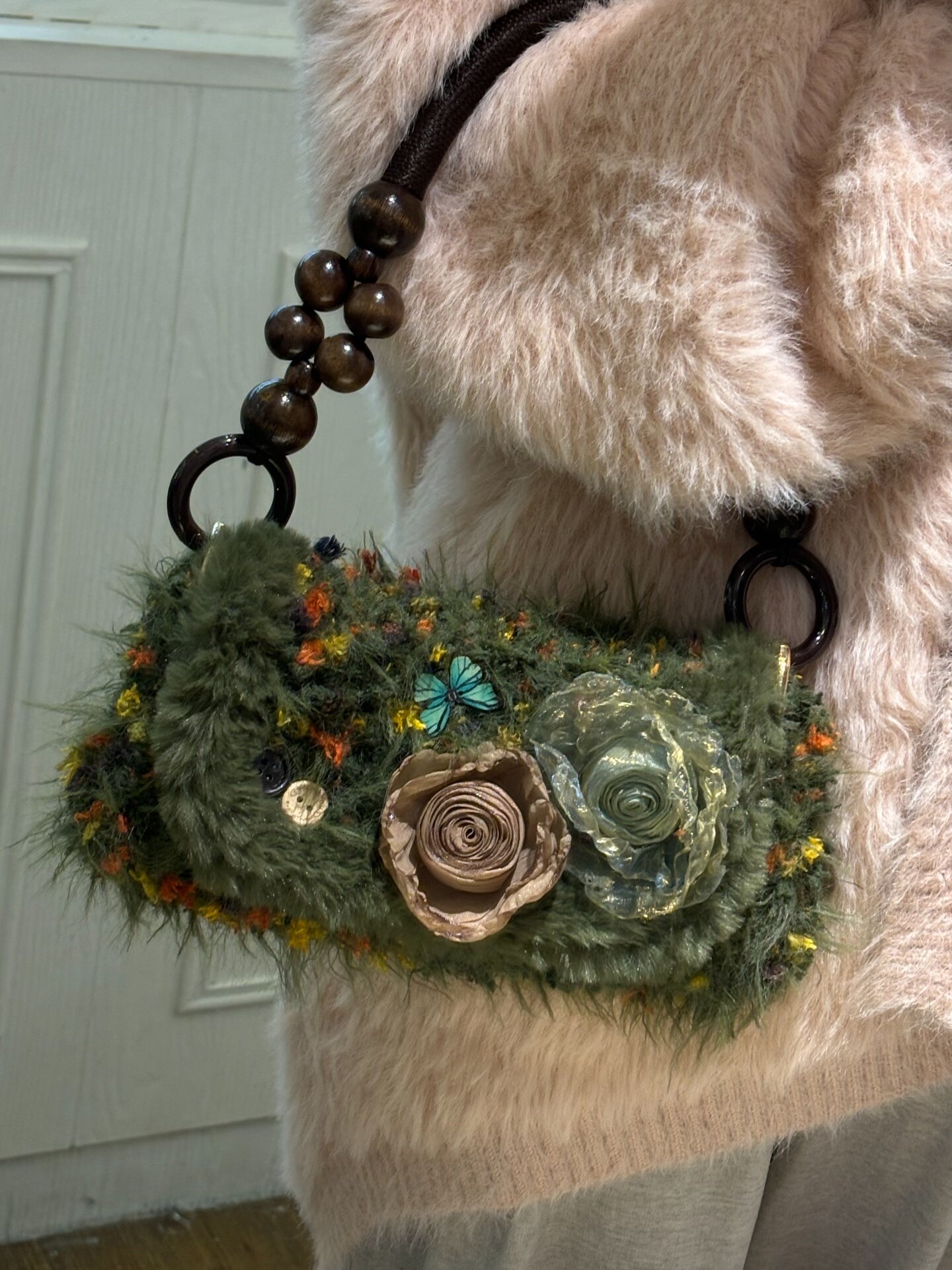 Handmade Fuzzy Baguette Bag with Wooden Beads, Floral Crochet Purse