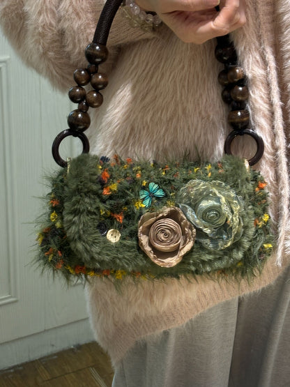 Handmade Fuzzy Baguette Bag with Wooden Beads, Floral Crochet Purse