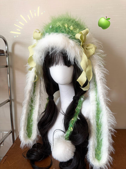 Handmade White Green Bunny Ear Hood, Apple Green Crochet Bunny Hat