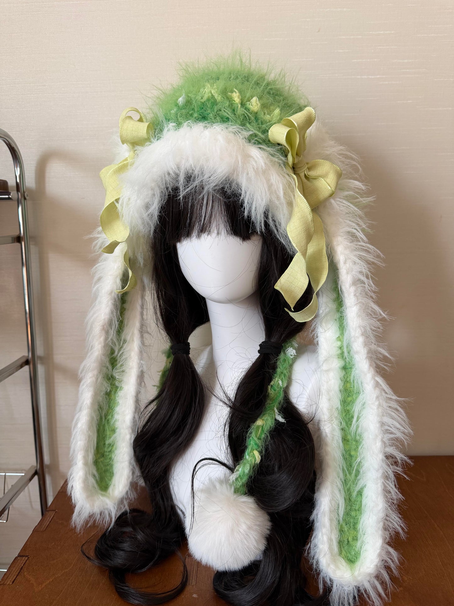 Handmade White Green Bunny Ear Hood, Apple Green Crochet Bunny Hat