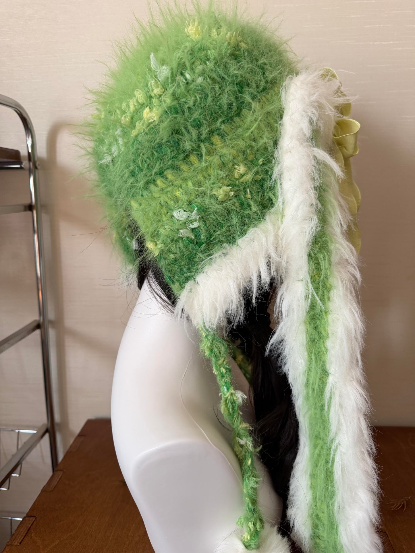 Handmade White Green Bunny Ear Hood, Apple Green Crochet Bunny Hat