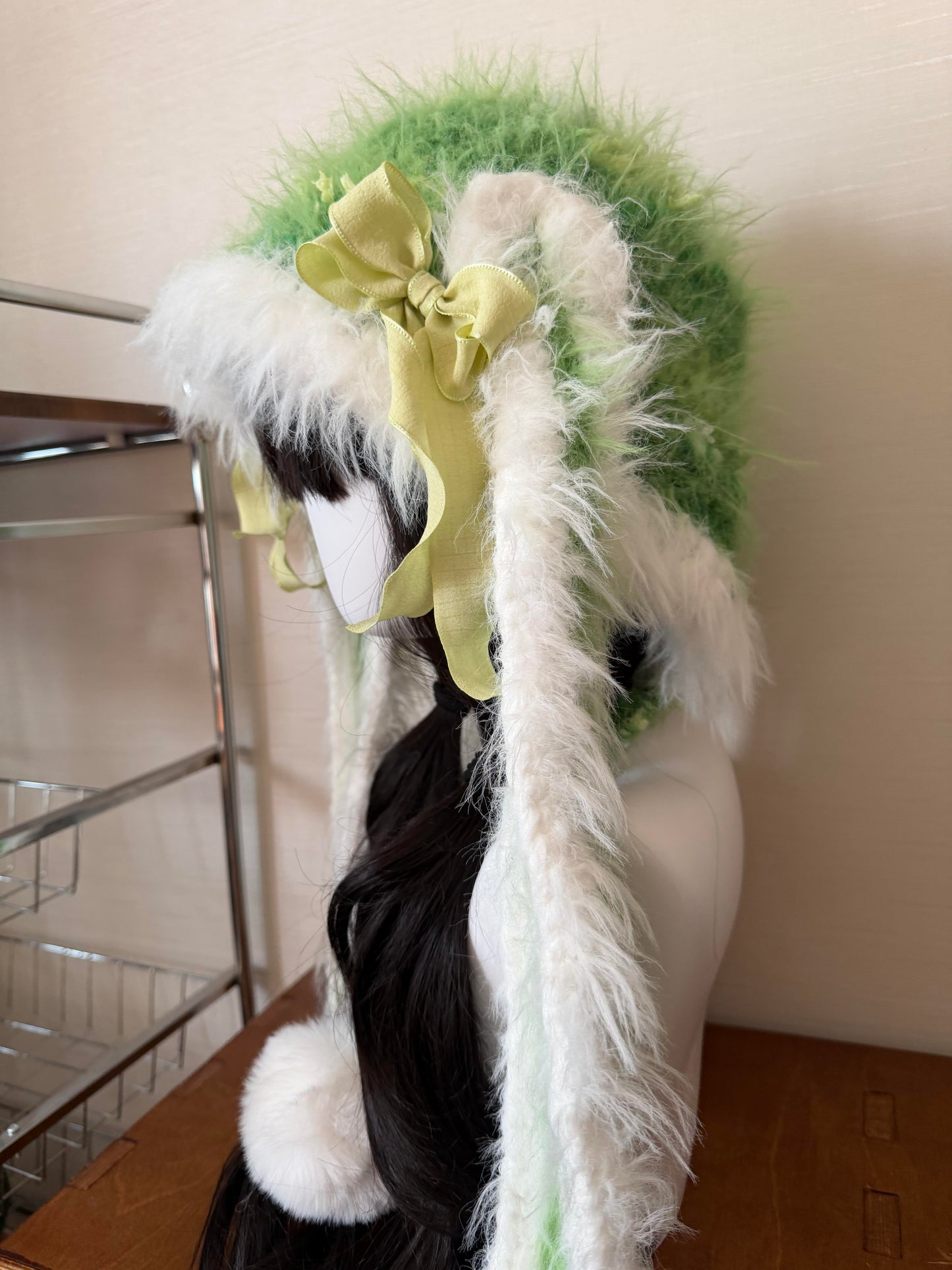 Handmade White Green Bunny Ear Hood, Apple Green Crochet Bunny Hat