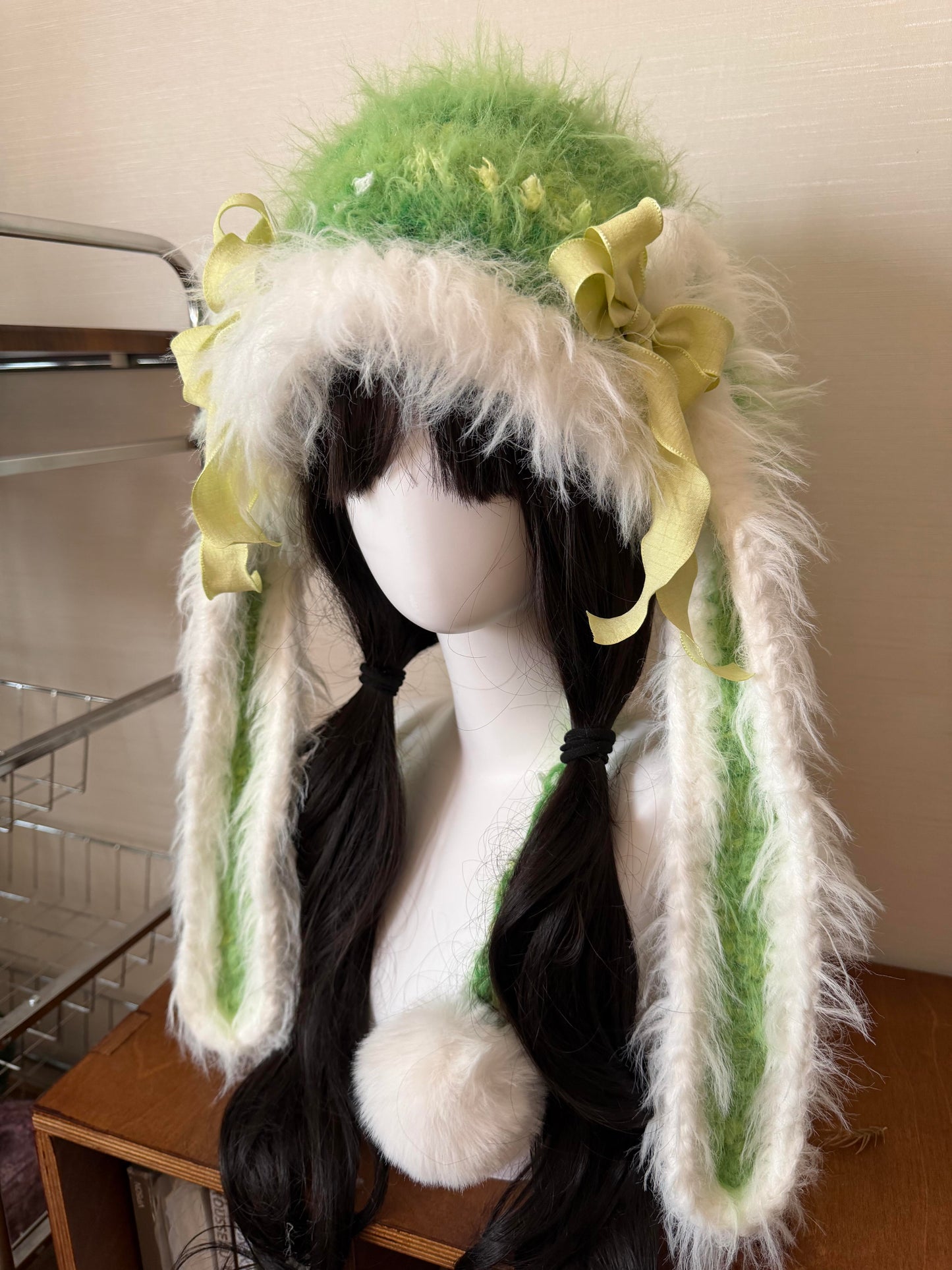 Handmade White Green Bunny Ear Hood, Apple Green Crochet Bunny Hat