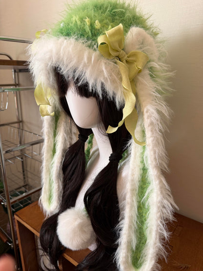 Handmade White Green Bunny Ear Hood, Apple Green Crochet Bunny Hat