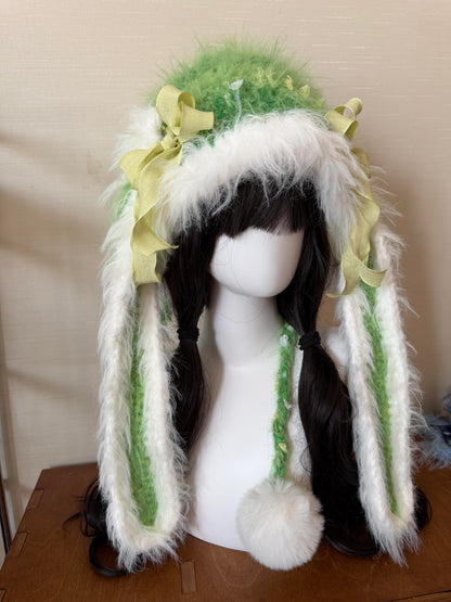Handmade White Green Bunny Ear Hood, Apple Green Crochet Bunny Hat