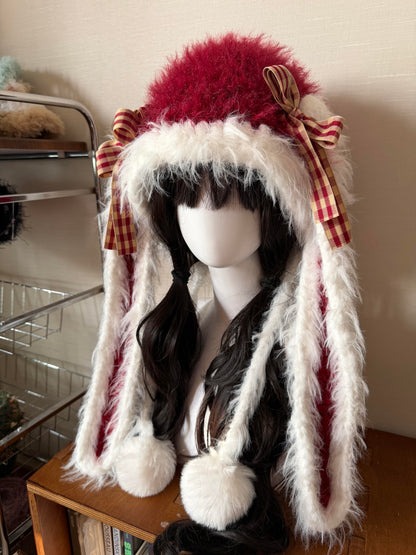 Handmade Red White Bunny Ear Hood, Crochet Bunny Hat with Braided Ties