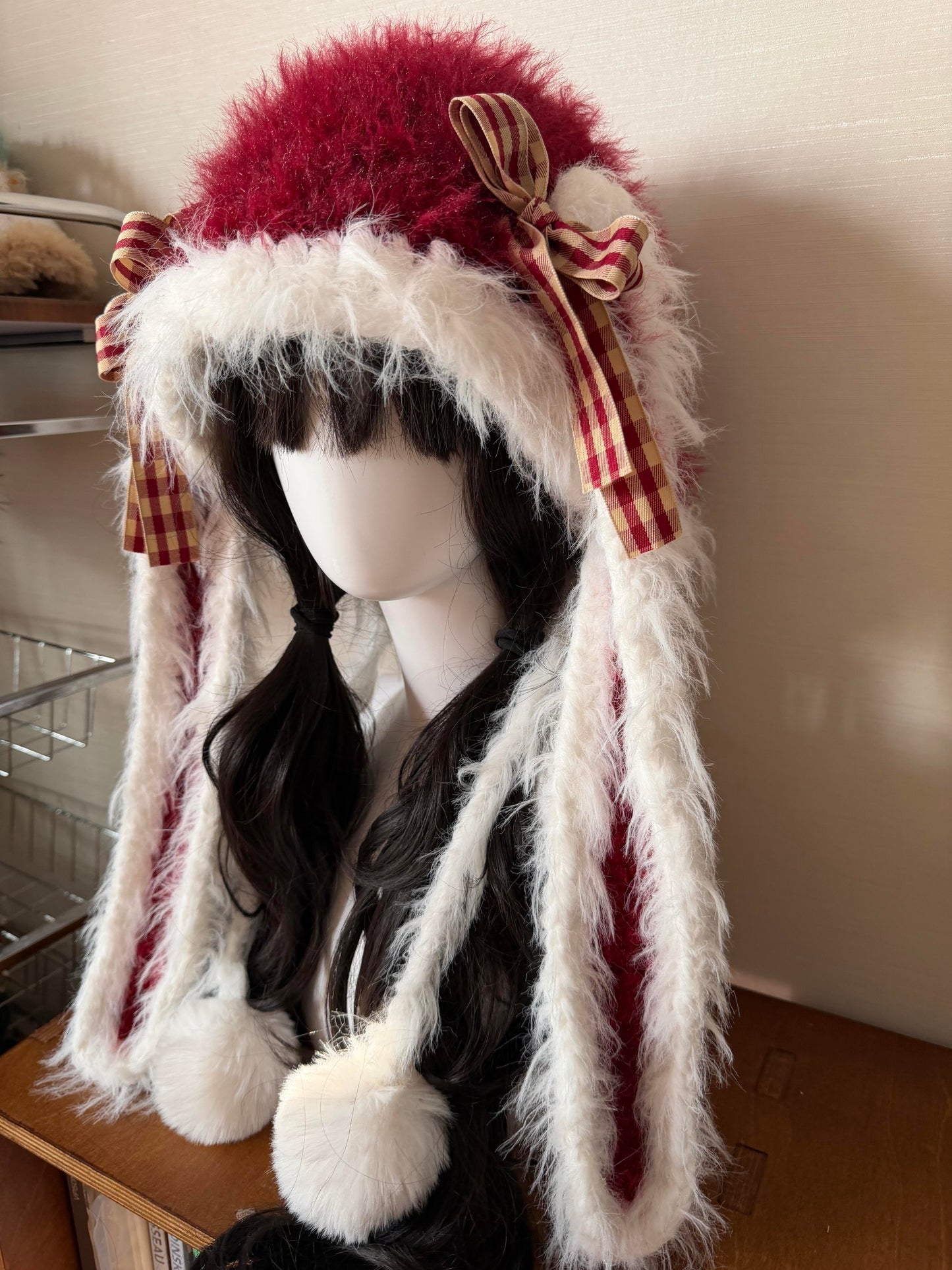 Handmade Red White Bunny Ear Hood, Crochet Bunny Hat with Braided Ties