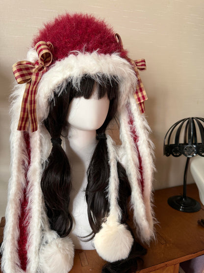 Handmade Red White Bunny Ear Hood, Crochet Bunny Hat with Braided Ties