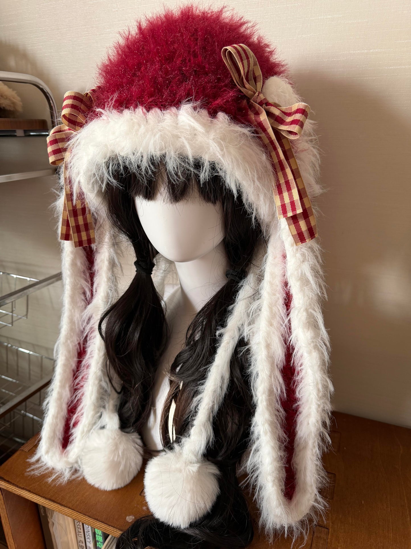 Handmade Red White Bunny Ear Hood, Crochet Bunny Hat with Braided Ties