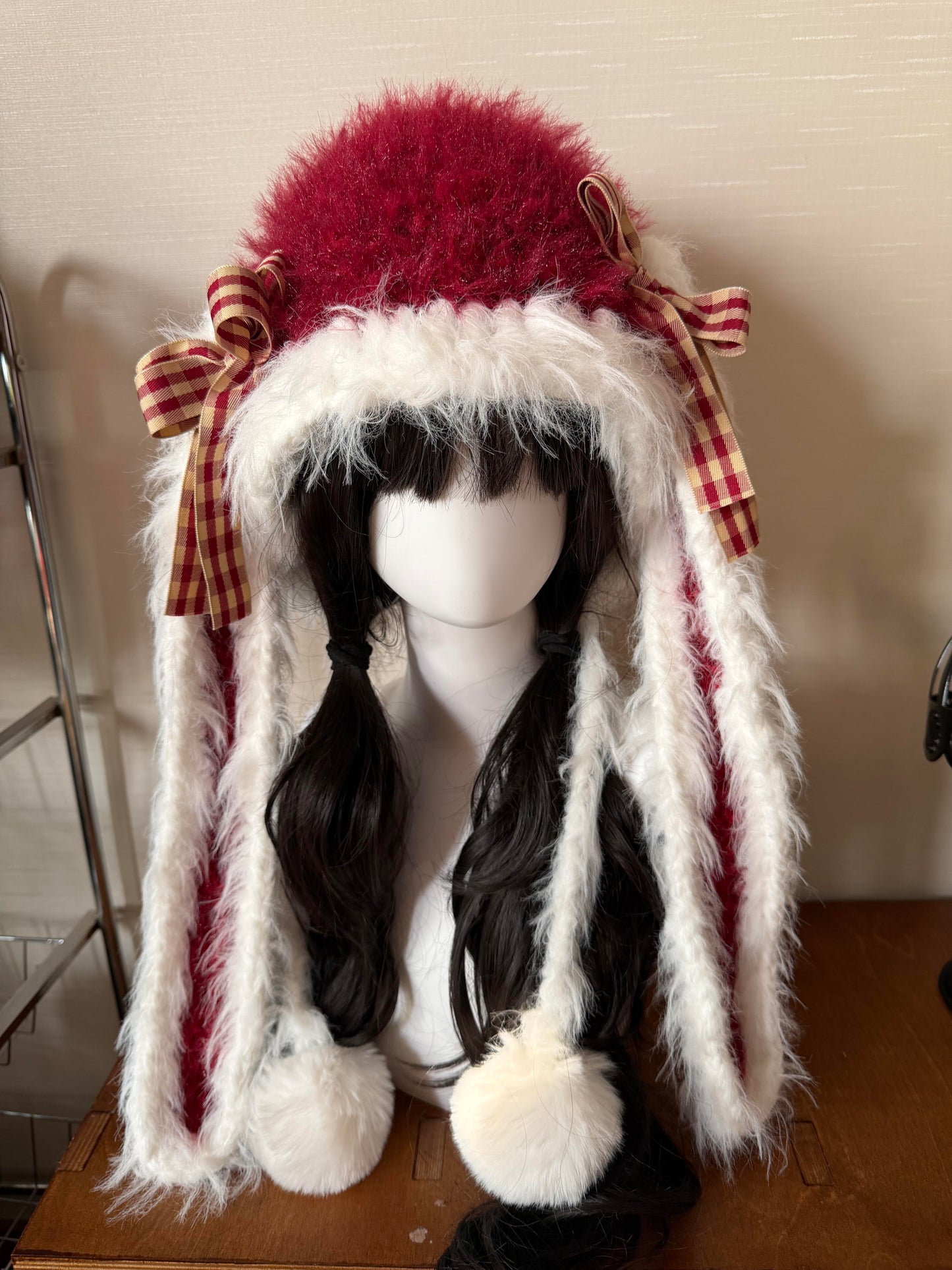 Handmade Red White Bunny Ear Hood, Crochet Bunny Hat with Braided Ties