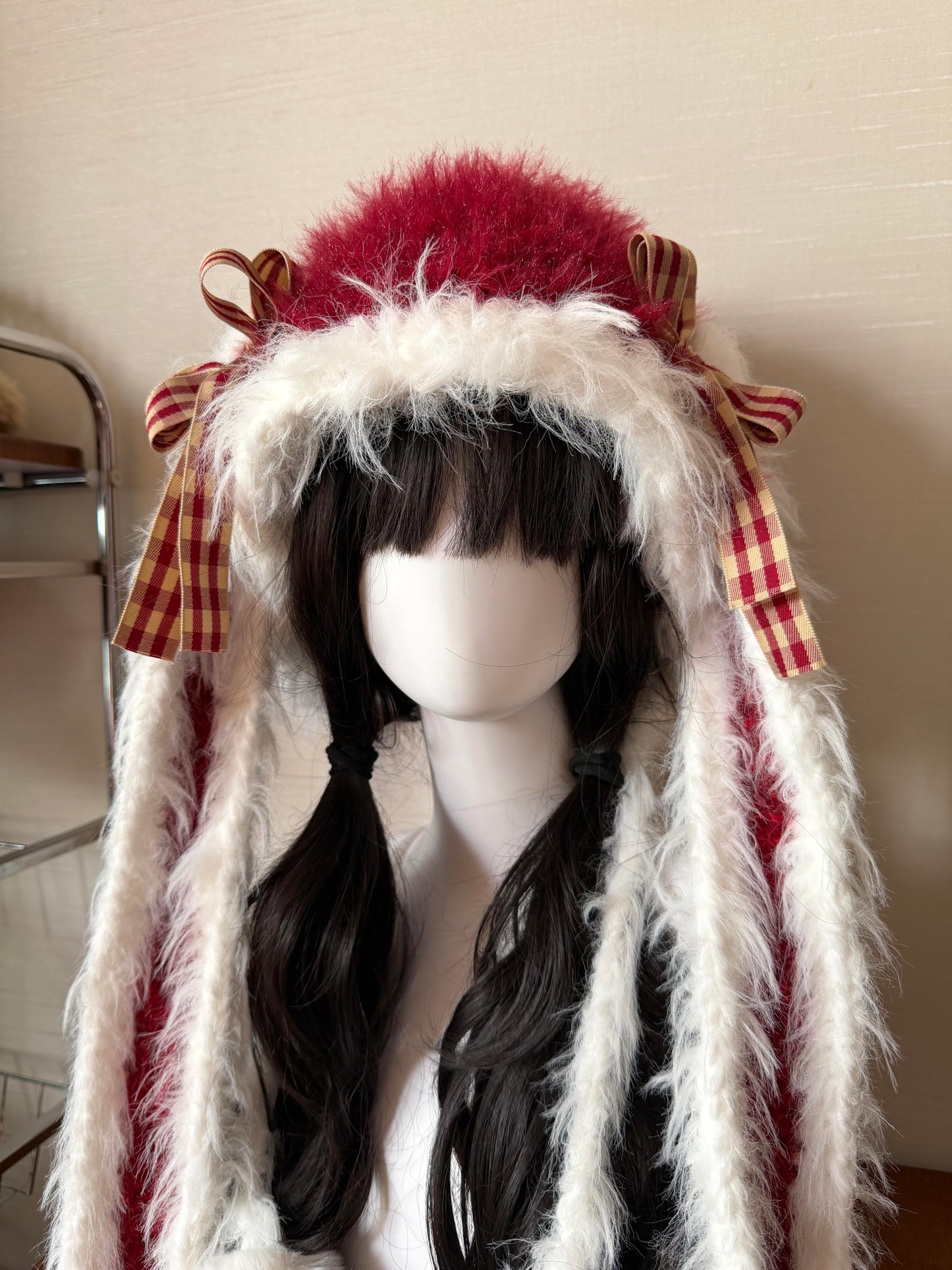 Handmade Red White Bunny Ear Hood, Crochet Bunny Hat with Braided Ties