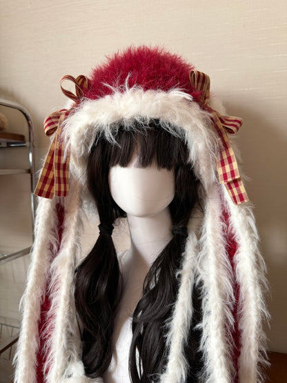 Handmade Red White Bunny Ear Hood, Crochet Bunny Hat with Braided Ties