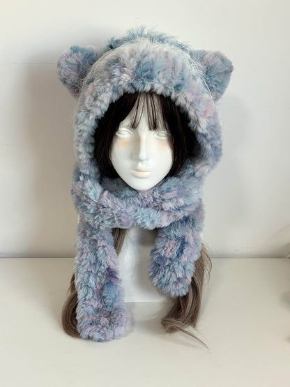 Handgefertigte Kawaii Katzenohren-Kapuze | Blauer flauschiger Plüschhut mit Schal & Bommeln