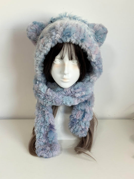 Handgefertigte Kawaii Katzenohren-Kapuze | Blauer flauschiger Plüschhut mit Schal & Bommeln