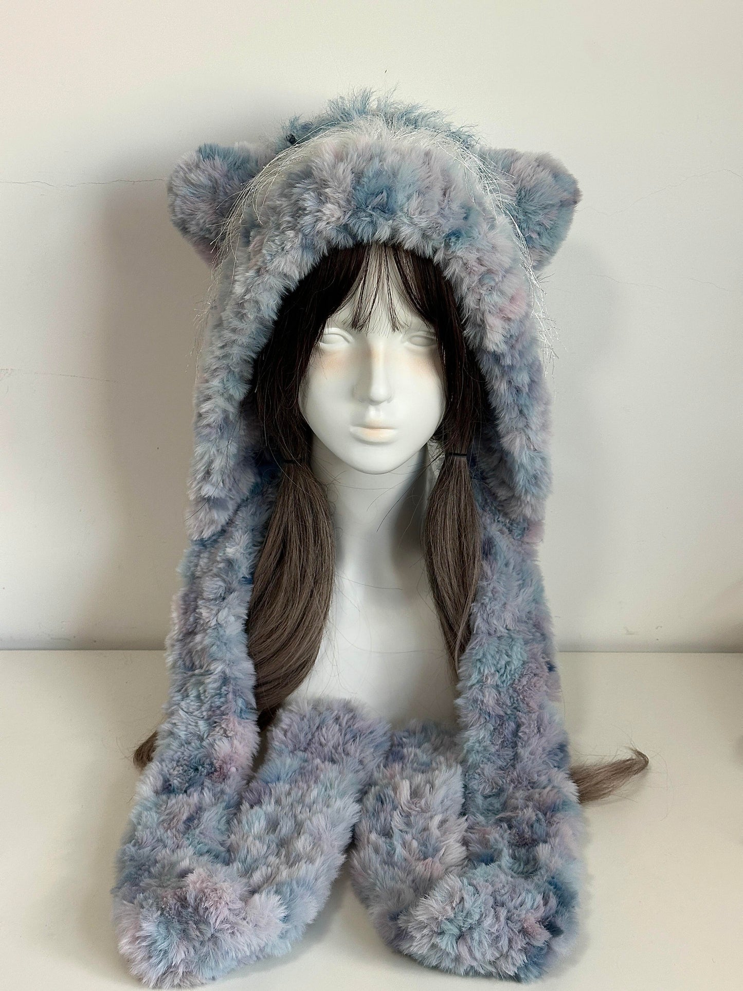Handgefertigte Kawaii Katzenohren-Kapuze | Blauer flauschiger Plüschhut mit Schal & Bommeln