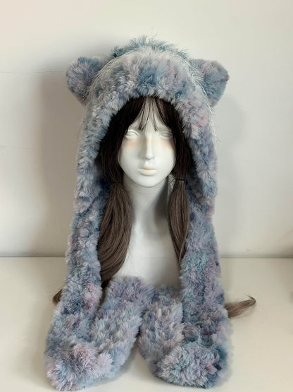 Handgefertigte Kawaii Katzenohren-Kapuze | Blauer flauschiger Plüschhut mit Schal & Bommeln