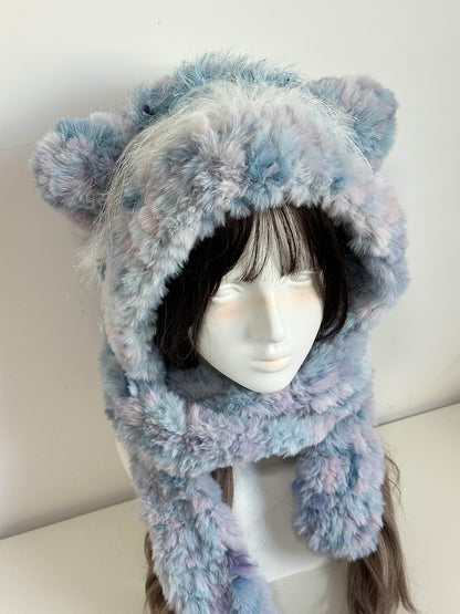 Handgefertigte Kawaii Katzenohren-Kapuze | Blauer flauschiger Plüschhut mit Schal & Bommeln