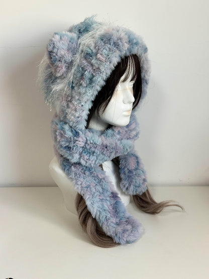 Handgefertigte Kawaii Katzenohren-Kapuze | Blauer flauschiger Plüschhut mit Schal & Bommeln